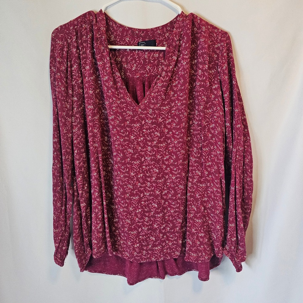 GAP Floral V-Neck Blouse Large Burgundy Boho Peasant Top Cottagecore, feminine